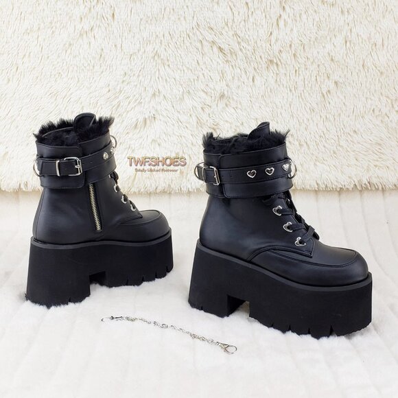 Goth Punk Platform Ankle Boots Furry Chain Cuff 57 - Picture 10 of 16